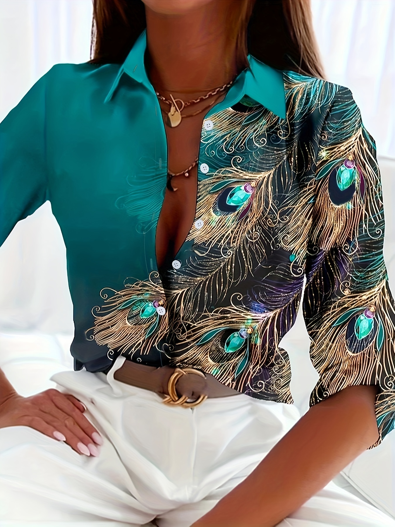 Winter Clothing Vintage - Peacock Print Casual Loose Women's Shirt