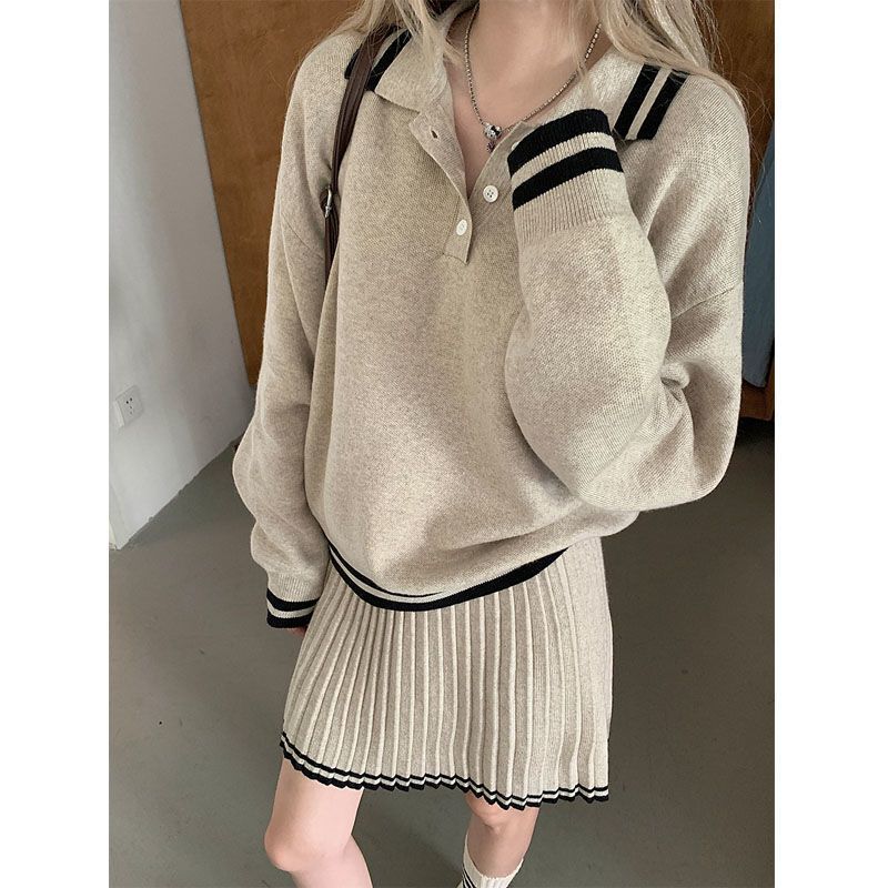 Winter Clothing Sales - Color Blocked Polo Collar Long Sleeved
